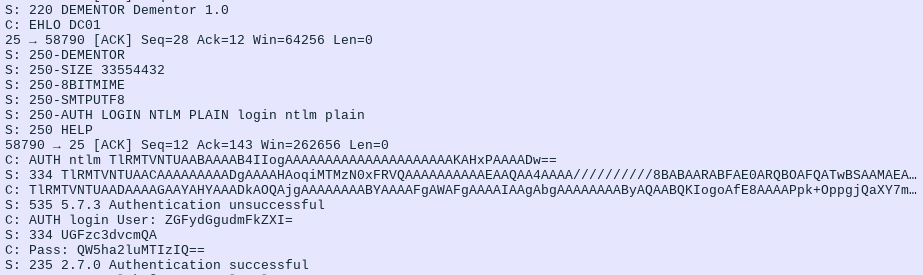 Wireshark trace showing SMTP fallback to cleartext auth